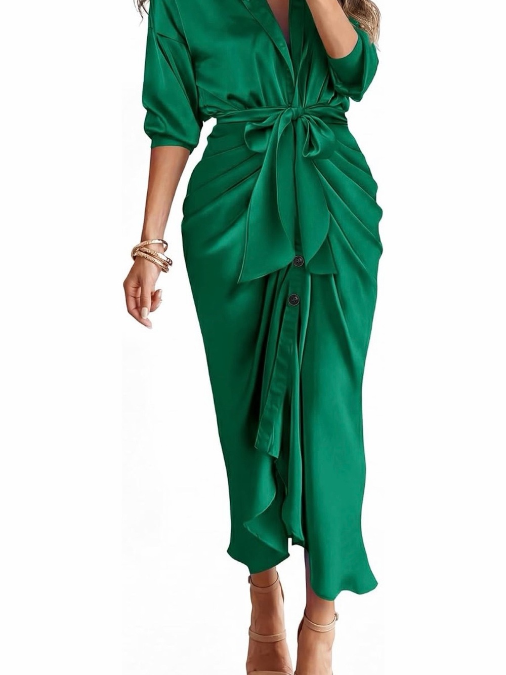 Elegant Green Satin Tie-Waist Midi Dress